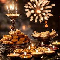 Festive Diwali Sweets and Candles with Fireworks Background. A captivating image perfect for celebrations and cultural events. photo