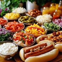 Gourmet Hot Dog Bar with an Array of Toppings. A feast for the eyes and stomach, this image showcases a delicious spread of hot dogs and an assortment of fresh toppings. photo