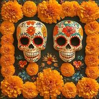 Day of the Dead Sugar Skulls with Marigold Flower Border. A vibrant illustration featuring intricately decorated sugar skulls surrounded by bright orange marigolds. photo