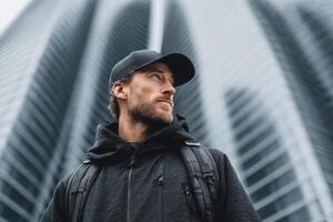 A man in a black hoodie and cap looking up at a tall building photo