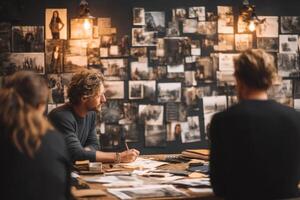 A group of people sitting at a table in front of a wall of photos