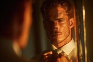 A man adjusting his tie in front of a mirror photo