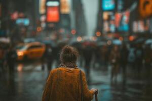 A woman walking down a city street in the rain photo