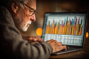 An older man is using a laptop computer with a chart on it photo