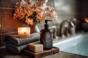 A candle, soap and a towel sit on a tray next to a bathtub photo