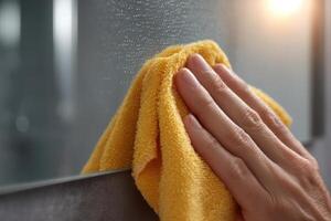 A person wiping a yellow cloth on a mirror photo