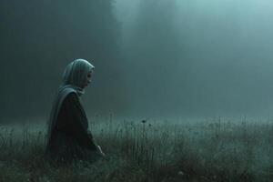 A woman in a hijab sits in the middle of a field photo