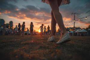 A woman's legs walking in the grass at sunset photo