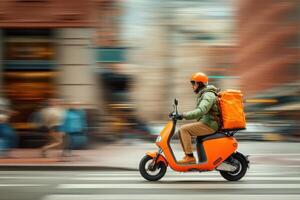 A man on a scooter with a large box on his back photo