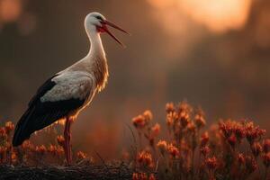 A stork is standing on a nest in the middle of a field photo