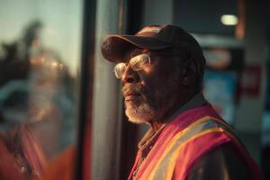 An older man wearing a safety vest and glasses looks out the window photo
