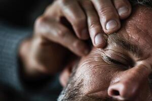 A man is holding his head while looking at his eyes photo