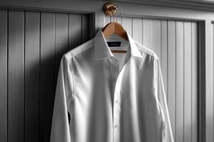A white shirt hanging on a wooden hanger photo