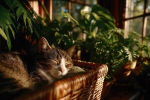 A cat sleeping in a basket near plants photo