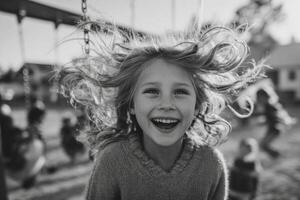 A little girl is laughing while swinging on a swing photo