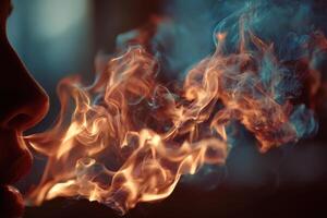 A woman is smoking a cigarette with flames coming out of her mouth photo