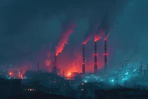 Industrial factory with smoke stacks and red lights photo