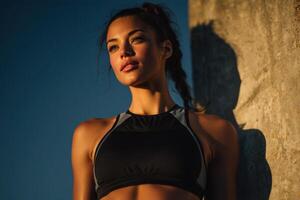 A woman in a sports bra top leaning against a wall photo