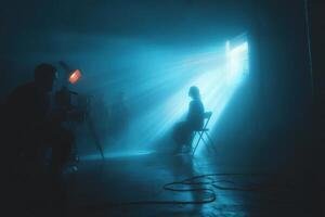 A man sitting in a chair in a dark room photo