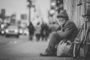 A homeless man sits on the sidewalk in front of a building photo