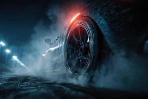 A car driving on a road at night with smoke coming out of the tires photo