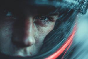 Close up of a man wearing a helmet photo