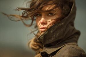 A woman with long hair and a hoodie photo