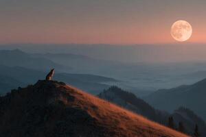 A lone wolf stands on a hill overlooking the mountains at sunset photo