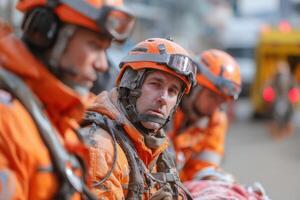 Three men in orange safety gear sitting on the street photo