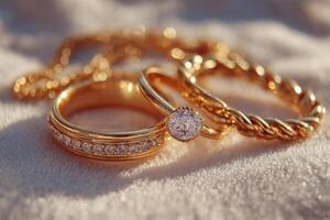 Gold wedding rings and diamond engagement ring on a white background photo