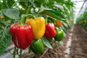 A group of peppers growing in a greenhouse photo