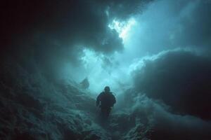 A person standing in the middle of a cave photo