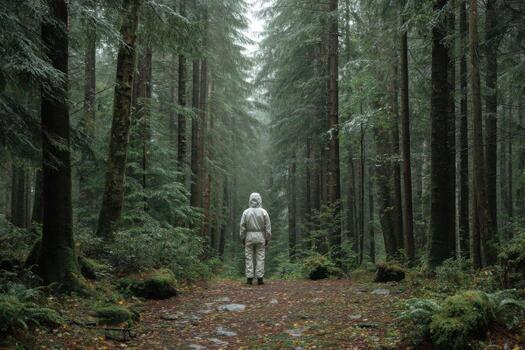 A person in a white suit walking through a forest photo