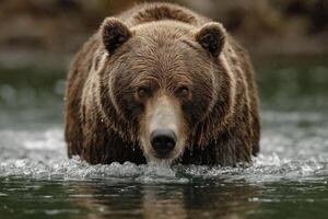 A brown bear is walking through the water photo