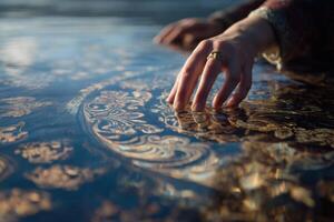 A person's hand is touching a gold patterned surface photo