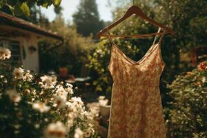 A dress hanging on a clothes rack in a garden photo