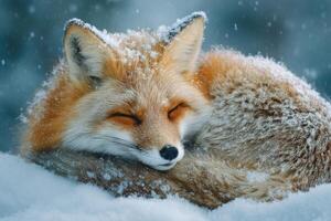 A sleeping fox in the snow photo