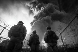 Three men standing in front of a fence looking at smoke photo