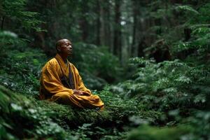 A monk sitting in the middle of a forest photo