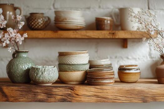 A shelf with many different types of pots and vases photo