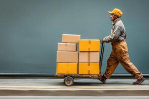 A man in overalls is pushing a cart with boxes photo