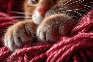 A close up of a cat's paws on a red blanket photo