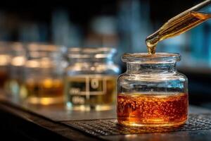 A person pouring liquid into a glass jar photo