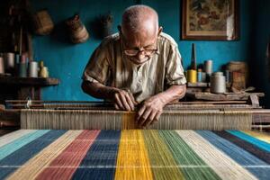 An old man weaving a colorful cloth photo