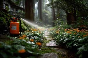 A sprayer is spraying water on a path in a forest photo