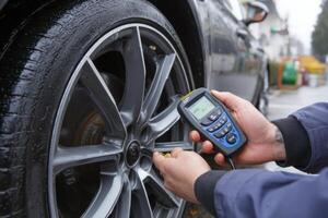A person is using a digital tire pressure gauge photo