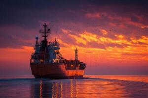 A large cargo ship sailing in the ocean at sunset photo