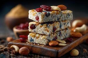 A stack of granola bars with nuts and dried fruits photo