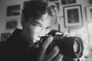 A young man with glasses taking a photo with a camera