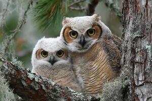 Two owls sitting in a tree with mossy branches photo